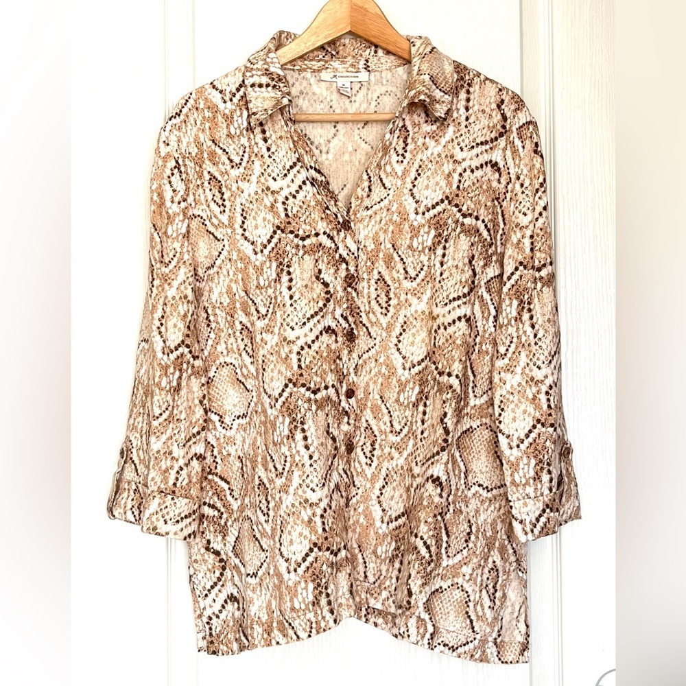 JM Collection 100% Linen Snake Print Button Down Top Size 14 Quiet Luxury Boho